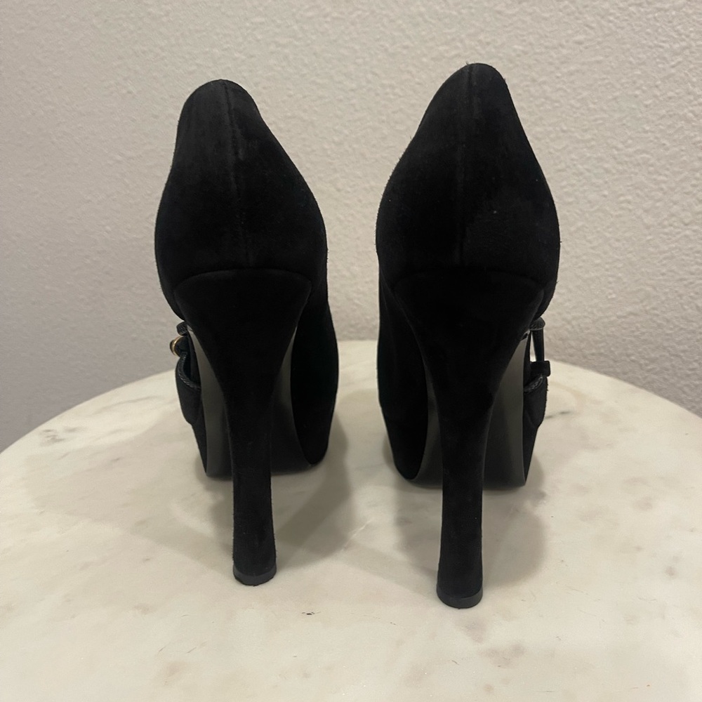 YSL Saint Laurent Black Suede Buckle Cut-Out Maryjane Platform Pumps - Picture 8 of 12